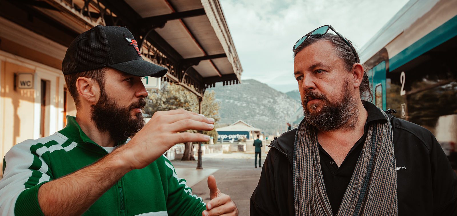 Film director Luka Štigl and Slovenian DOP Simon Pintar talking on the set for the GR8xSlovenske železnice commercial.